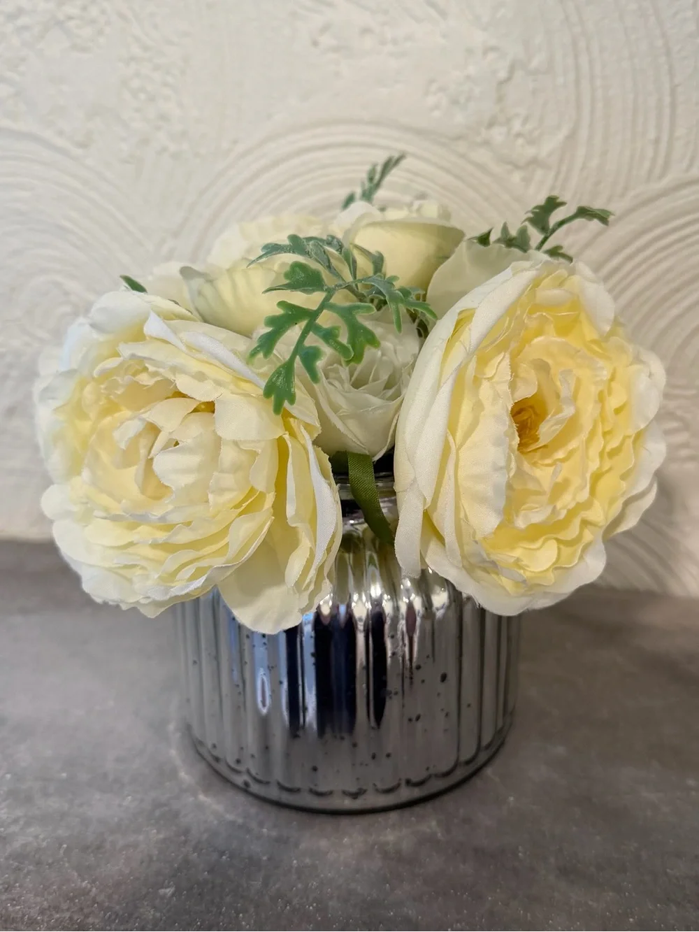 Cream/Ivory Artificial Peony & Rose Floral Arrangement in Silver Ribbed Vase